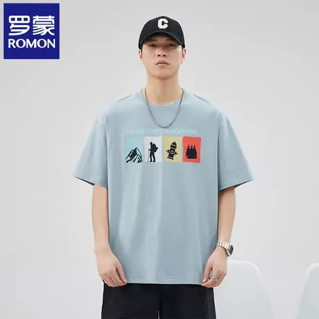 罗蒙纯棉短袖T恤2025夏季新款潮牌宽松青年圆领印花男上衣N1Z图片