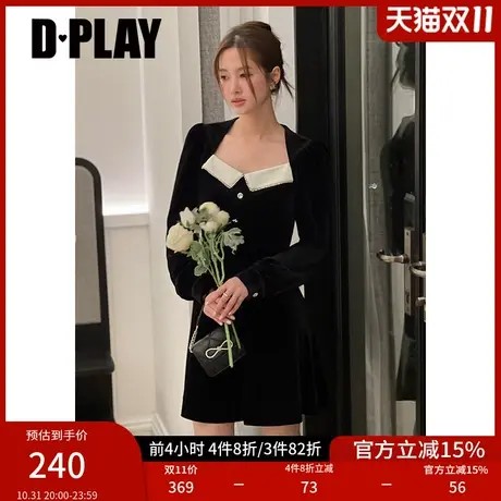 DPLAY2023新名媛富家千金经典黑撞色闪钻丝绒连衣裙小黑裙轻礼服图片