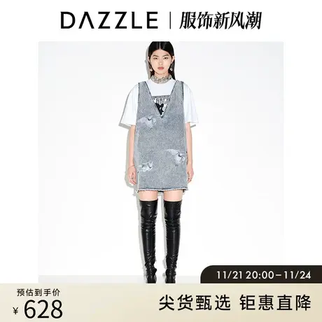 DAZZLE地素奥莱 春夏复古小众印花背带直筒牛仔连衣裙短裙女商品大图