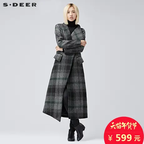 sdeer圣迪奥女装2018冬装不对称式格纹毛呢大衣S16881873图片