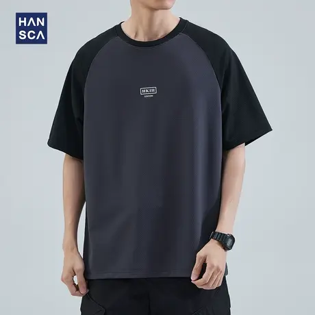 hansca 冰丝短袖t恤男士夏季薄款潮牌撞色休闲插肩袖速干运动上衣商品大图