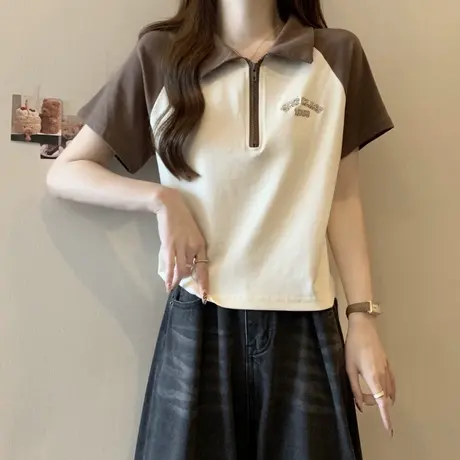 半拉链翻领POLO衫T恤女夏季百搭修身显瘦短款打底衫刺绣短袖上衣商品大图