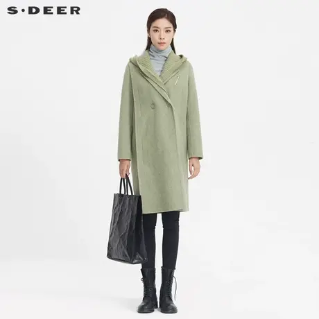 【直播间专属】sdeer圣迪奥连帽拼接胸针中长款毛呢大衣S20481811图片