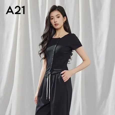 女装短袖短款T恤简约斜门襟单排扣不对称针织上衣图片