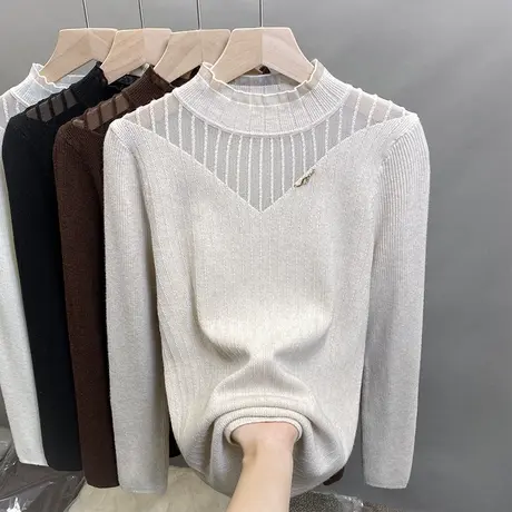 半高领毛衣女套头2025春秋新款蕾丝外穿针织衫内搭上衣洋气打底衫商品大图