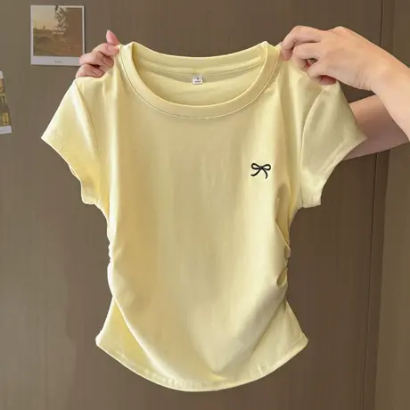 chic甜辣褶皱收腰短袖T恤女夏季修身韩版内搭正肩打底衫短款上衣商品大图