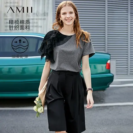 Amii2025夏新款百搭时尚蕾丝拼接棉质圆领短袖T恤女法式休闲上衣图片