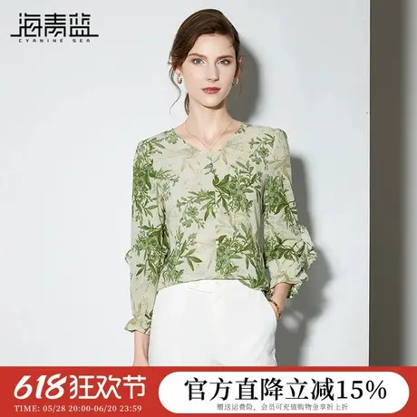 海青蓝时尚V领雪纺衫上衣女2024夏季新款复古优雅女人味印花衬衫商品大图