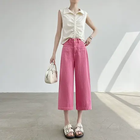 粉红色七分牛仔裤女夏季薄款高腰显瘦休闲宽松直筒小个子阔腿裤子商品大图