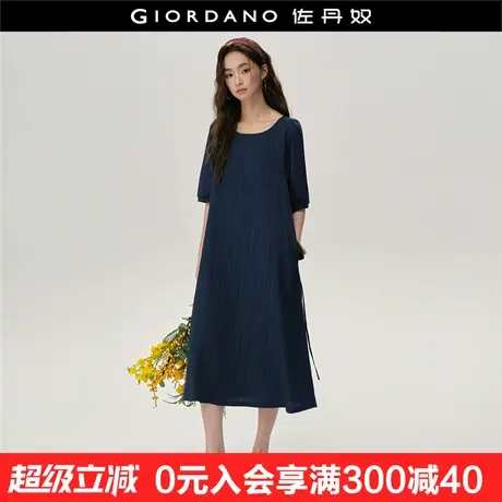 设计师款佐丹奴裙子女时尚肌理感压褶圆领绑带中袖连衣裙18465216商品大图