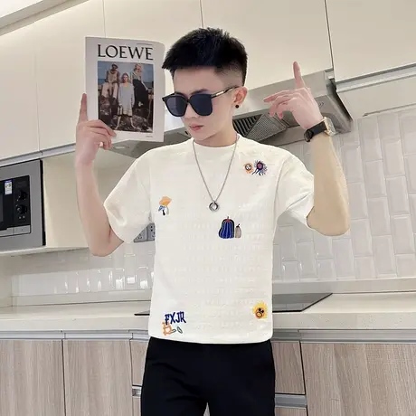 夏季卡通刺绣T恤男ins重磅潮牌短袖t恤时尚圆领修身半袖体恤上衣图片