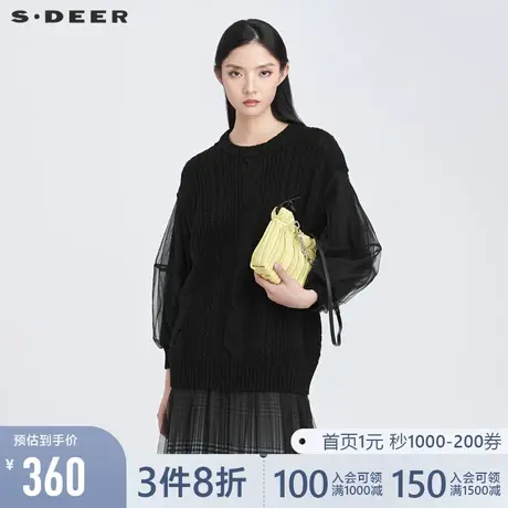 sdeer圣迪奥2022春季新款罗纹钩花网纱拼接黑色针织衫女S22163510📧商品大图