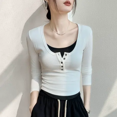 假两件圆领长袖T恤女2025春季纽扣设计感修身显瘦正肩白色打底衫图片