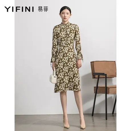 Yifini/易菲长袖印花收腰显瘦连衣裙女秋季新款高级感立领图片