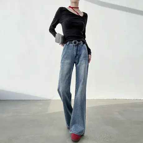 莱赛尔天丝棉破洞牛仔裤女夏季薄款高腰宽松直筒复古灰色阔腿裤子商品大图