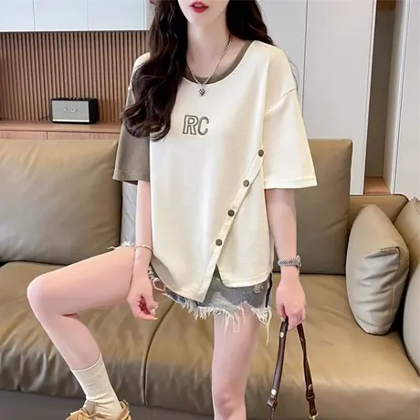设计感小众短袖t恤女夏装韩版宽松大码女装不规则开叉撞色上衣服商品大图