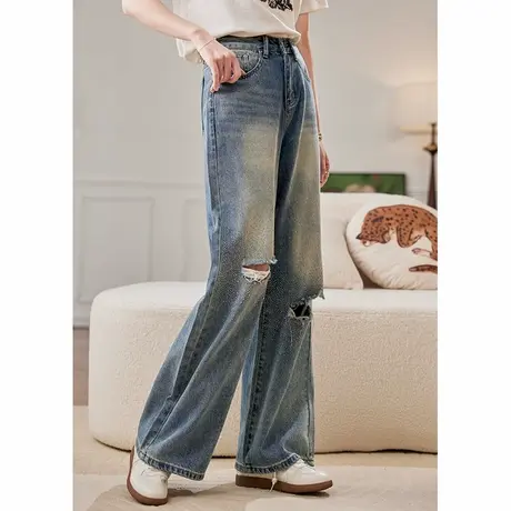 宝诗黎烫钻破洞直筒牛仔裤女2025夏季宽松阔腿百搭显瘦高腰休闲裤图片