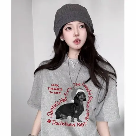 美式宽松复古设计感落肩慵懒风纯棉灰色短袖t恤女bf风大码情侣装商品大图