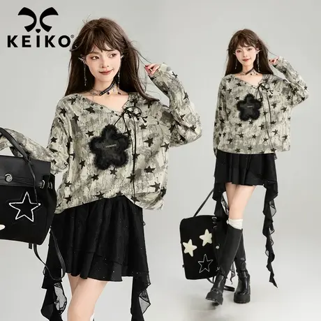 KEIKO 美式辣妹磨料做旧长袖上衣女2025春夏褶花星形图案宽松t恤图片