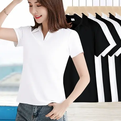弹力棉短袖polo衫t恤女夏季新款翻领修身运动休闲有领半袖上衣女商品大图