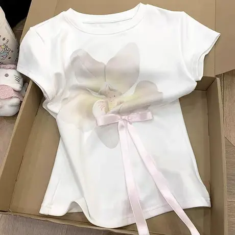 立体蝴蝶结系带短袖T恤女夏季韩版修身设计感小众chic甜辣上衣潮商品大图