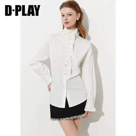 DPLAY2025年春季新款白色衬衫女蕾丝花边纯棉上衣花朵衬衣长袖商品大图