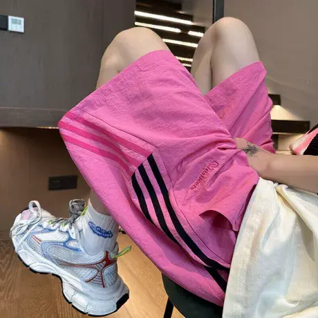 短裤男夏季薄款条纹速干宽松直筒休闲中裤潮牌美式运动透气五分裤商品大图