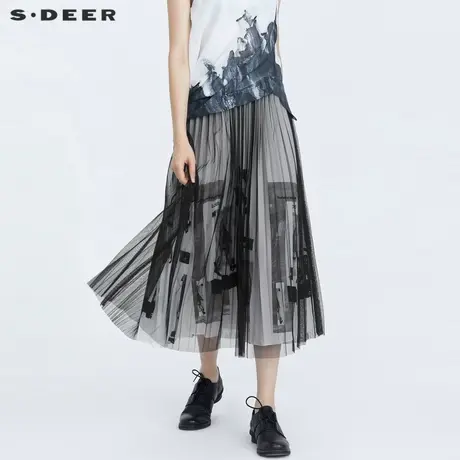 sdeer圣迪奥女装夏装优雅松紧字母印花网纱长裙S21281104商品大图