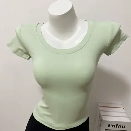 韩国ins网红显胸大短袖t恤女薄款紧身圆领纯色百搭短款打底上衣夏商品大图
