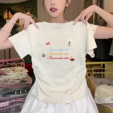 彩虹波点短款收腰t恤女2025新款潮流褶皱修身短袖减龄小个子上衣商品大图