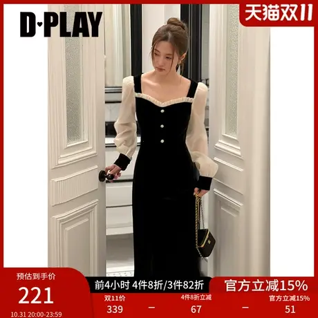 DPLAY2023新法式赫本风黑拼杏宫廷领撞色丝绒连衣裙轻礼服小黑裙商品大图