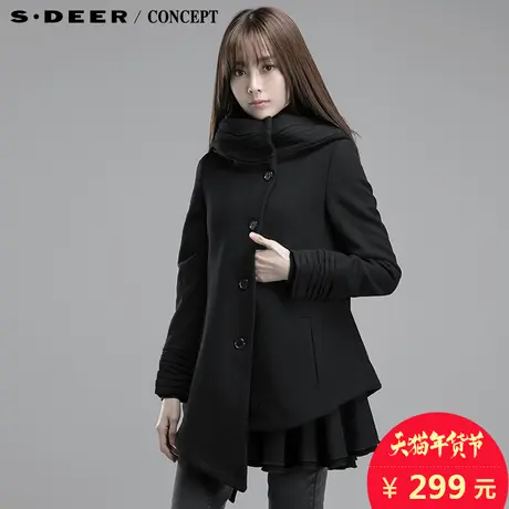 sdeer圣迪奥2017冬装宽松酷黑纯色不规则连帽毛呢大衣S14481734图片
