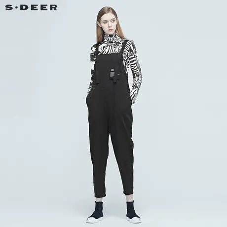 sdeer圣迪奥秋冬女装简约印花挖袋宽松黑色直筒背带裤S20380825图片