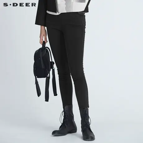 sdeer圣迪奥冬季女装休闲松紧插袋加绒紧身黑色长裤S20480815图片