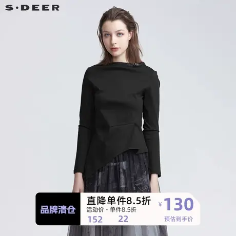 sdeer圣迪奥女装时尚圆领拼接不规则长袖T恤S22180218图片