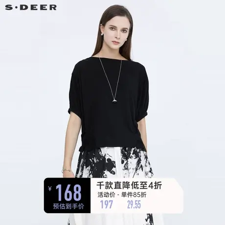 sdeer圣迪奥女夏季圆领上衣设计感抽褶拼接短袖黑色T恤S21280153图片