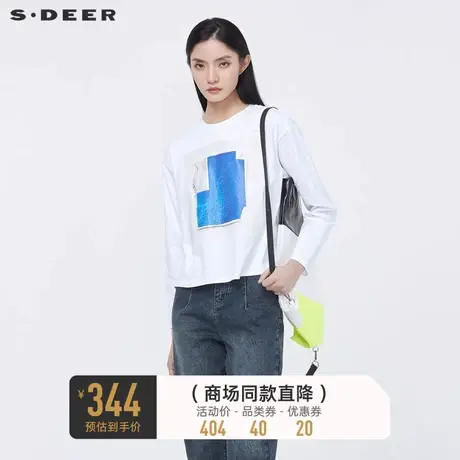 sdeer圣迪奥秋装时尚圆领撞色印花宽松白色T恤S22180217🙉商品大图