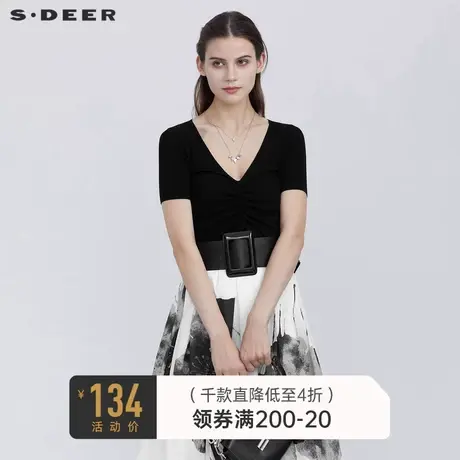sdeer圣迪奥休闲V领抽绳修身短袖针织衫S21283501图片