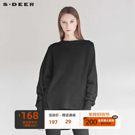 sdeer圣迪奥女休闲圆领罗纹拼接不规则开衩纯黑针织S19463514图片