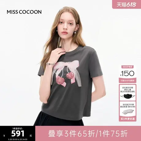MISSCOCOON可可尼黑色休闲上衣女2025夏季新款减龄蝴蝶结短袖T恤商品大图