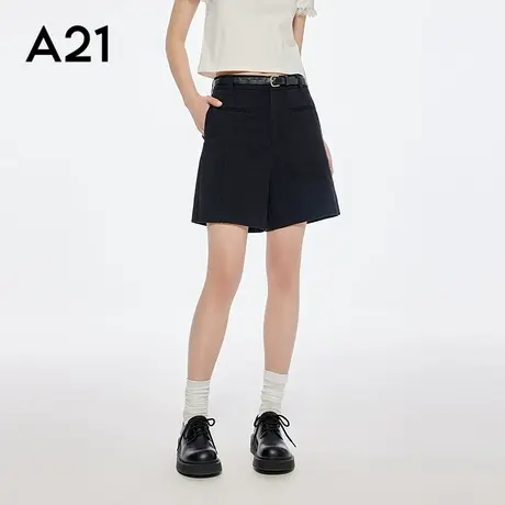 A21女装2025夏季黑色薄休闲裤直筒短裤女宽松阔腿裤简约宽松显瘦商品大图