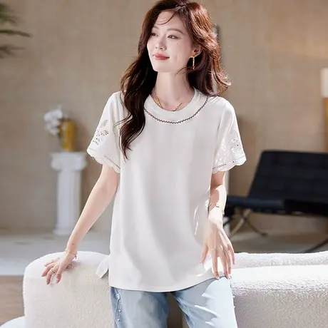 宝诗黎圆领镂空白色短袖T恤2025夏季简约百搭纯色正肩休闲上衣女图片