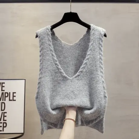 麻花双v领针织马甲背心女2025春秋新款宽松外穿马夹叠穿毛衣坎肩图片