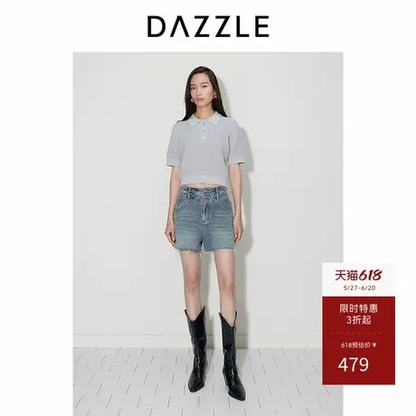 DAZZLE地素奥莱 牛仔裤秋季女装复古双腰做旧磨白毛边短裤商品大图
