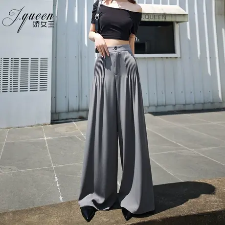 褶皱阔腿裤女夏季透气宽松通勤高腰垂感显瘦拖地裤休闲设计感长裤商品大图