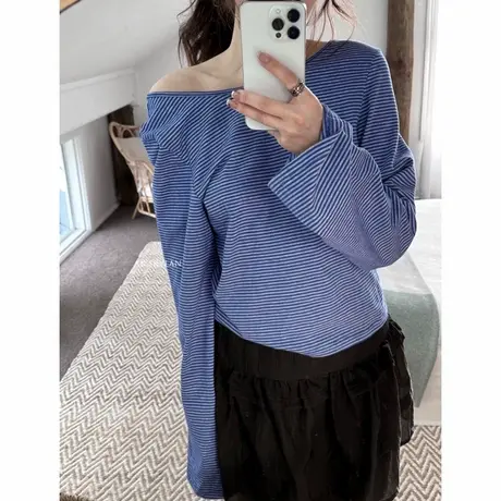 2024年秋季新款简约百搭一字肩条纹长袖露背T恤上衣女外穿打底衫商品大图