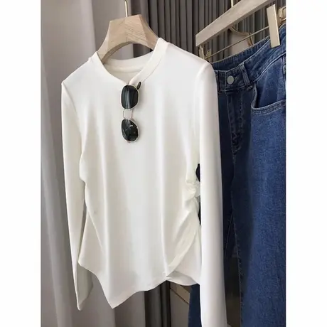 不规则下摆长袖T恤女秋冬修身内搭打底衫短款抽褶收腰磨毛上衣服商品大图