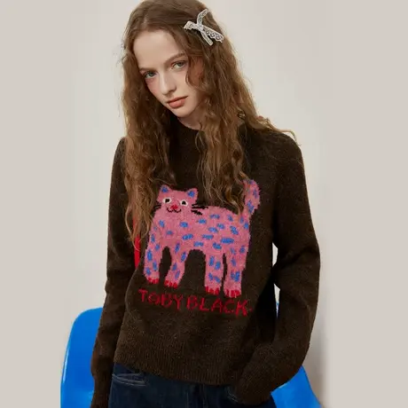 a02【ins穿搭】原创长腿猫卡通套头长袖上衣秋休闲针织衫图片