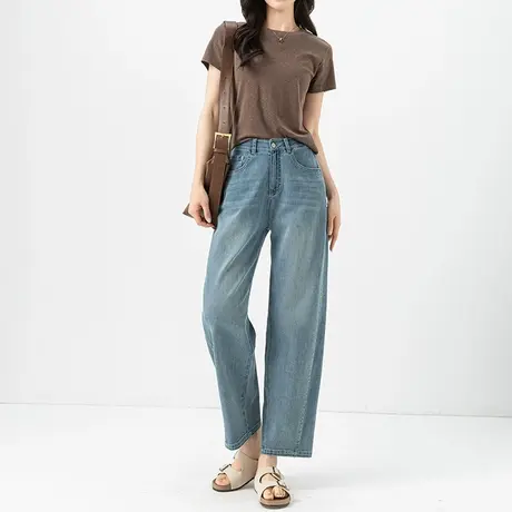 莱赛尔天丝亚麻牛仔镰刀裤女夏季薄款高腰宽松显瘦九分哈伦弯刀裤商品大图