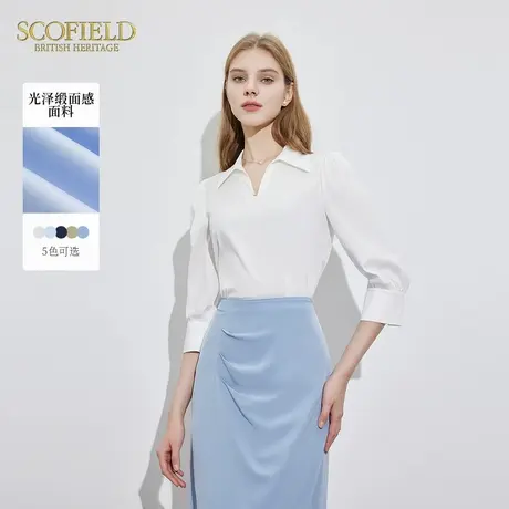 Scofield女装简约基础款V领短袖衬衫女夏季棉衬衫女上衣图片